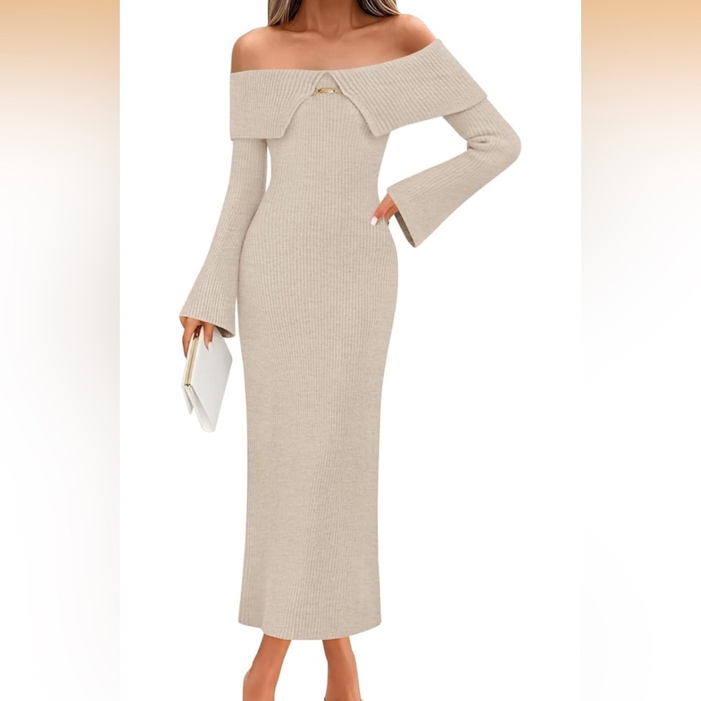 Cream Knit Midi Dress with Long Sleeves and gold charm